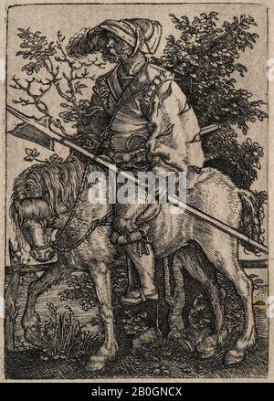 Après Barthel Beham, allemand, 1502–1540, Halbardier à cheval, 1522–1800, Gravure sur papier, image: 2 7/16 x 1 3/4 in. (6,2 x 4,4 cm Banque D'Images