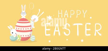 Bannière Joyeuse De Pâques, Motif En-Tête Avec Œufs Et Lapins Illustration de Vecteur