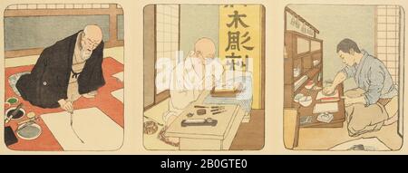 Emil Orlik, Allemand, 1870-1932, D'Origine Tchèque, Triptyque: Le Rapporteur Pour Avis, Le Coupeur À Bois, L'Imprimante, C. 1900, feuille de bois sur papier, image : 6 1/4 x 7 5/8 in. (15,8 x 19,3 cm Banque D'Images