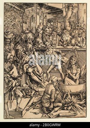 Inconnu, Après Albrecht Dürer, (allemand, 1471–1528), Saint John Brûlé vive devant l'empereur, 1500–1599, Woodcut sur papier, Total: 14 15/16 x 10 13/16 in. (38 x 27,5 cm Banque D'Images