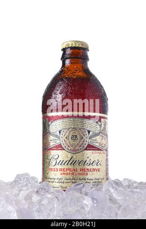 Irvine, CA - 12 MARS 2018 : bouteille de Budweiser 1933 Repeal Reserve Amber Lager dans la glace. Budweiser publie cette recette historiquement inspirée à c Banque D'Images