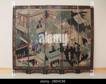 Screen, Chine, dynastie Qing (1644–1911), période Kangxi (1662–1722), Date 1676, Chine, écran pliant À Cinq panneaux; laque sur bois, couleurs et or, 83 x 95 po. (210,8 x 241,3 cm), Lacquer Banque D'Images