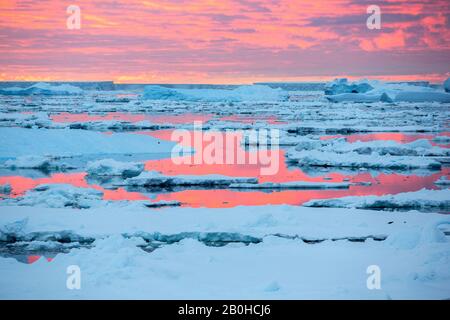 Glace de mer au large de l'île Beagle, une des îles de danger, au large de la pointe ne de la péninsule antarctique dans la mer de Weddell au coucher du soleil. Banque D'Images