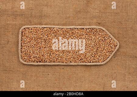 Pointeur symbolique fait de corde avec des grains de blé allongé sur un ébarbage. Vue de dessus Banque D'Images