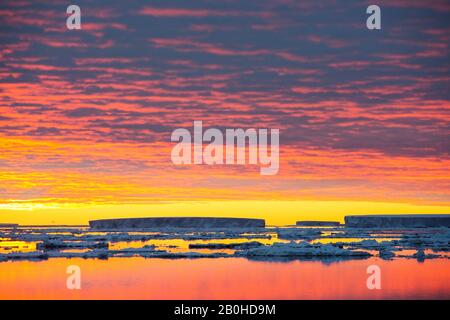 Glace de mer au large de l'île Beagle, une des îles de danger, au large de la pointe ne de la péninsule antarctique dans la mer de Weddell au coucher du soleil. Banque D'Images