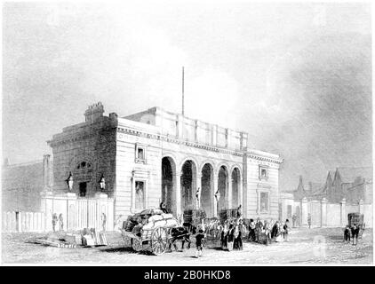 Une gravure de la gare de South Western Railway Station Nine Elms, Londres a numérisé à haute résolution à partir d'un livre imprimé en 1851.Cru libre de droits d'auteur. Banque D'Images