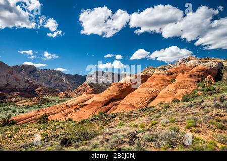 Crossbedded des rochers de grès Navajo Canyon Ouest, dans la distance, vu à partir de la coulée de piste à Snow Canyon State Park, Utah, USA Banque D'Images