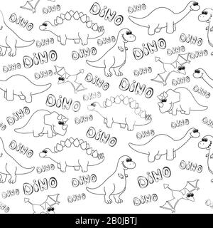 Dinosaures. Motif sans couture avec l'inscription Dino. Illustration vectorielle dans le style des gribouillis. Tiré à la main. Linéaire. Noir et blanc Illustration de Vecteur