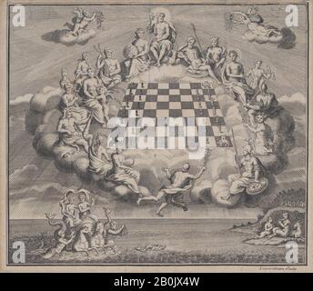 John Cargardam, scène céleste avec les dieux de l'Olympe Entourant un Chess Board, Poseidon et Pan-Dessous, John Cargardam (Britannique, active CA. 1723–41), 1723–41, Gravure, feuille : 7 3/16 × 8 1/4 po. (18,2 × 21 cm), tirages Banque D'Images