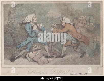 Après Thomas Rowlandson, Les Médecins Diffèrent, Après Thomas Rowlandson (British, London 1757–1827 London), 28 Novembre 1785, Gravure À Crépi De Couleur Main, Feuille : 5 9/16 × 7 5/8 In. (14,2 × 19,4 cm), tirages Banque D'Images