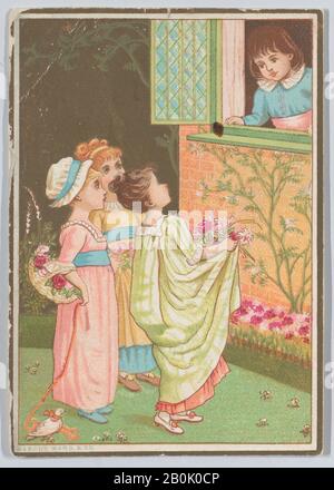 Kate Greenaway, Valentine, Kate Greenaway (British, Londres 1846–1901 Londres), Anonymous, 1883, carte blanche avec dorures; chromolithographie, lithographie d'or, largeur: 2 1/2 po. (6,3 cm), longueur : (9 cm Banque D'Images