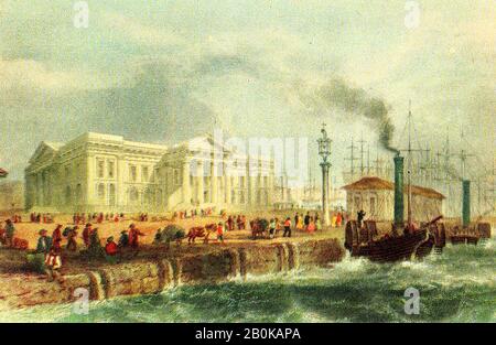 Une gravure colorée montrant le port de Leith au début des années 1800. Leith fait maintenant partie de la ville d'Édimbourg. Banque D'Images