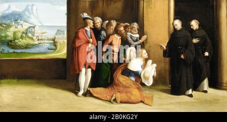 Garofalo (Benvenuto Tisi Da Garofalo), Saint Nicolas De Tolentino Reviving A Child, Garofalo (Benvenuto Tisi Da Garofalo) (Italien, Ferrara 1481–1559 Ferrara), Ca. 1530, huile sur toile, transférée du bois, 13 x 25 3/4 in. (33 x 65,4 cm), Peintures Banque D'Images