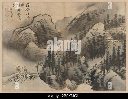 Kim Sugyu, Rainy Landscape, Corée, dynastie Joseon (1392–1910), Kim Sugyu (coréen, actif à la fin du XVIIIe–début du XIXe siècle), fin du XVIIIe siècle, Corée, défilement suspendu; encre et couleur sur le coton, image: 10 x 13 3/4 in. (25,4 x 34,9 cm), Hors Tout avec montage : 43 1/2 x 18 7/8 po. (110,5 x 47,9 cm), Hors Tout avec boutons : 43 1/2 x 21 1/8 po. (110,5 x 53,7 cm), Peintures Banque D'Images