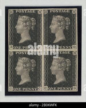 Après un dessin de William Wyon, bloc Inutilisé de quatre timbres-poste « Penny Black » de la reine Victoria, Royaume-Uni, Après un dessin de William Wyon (britannique, Birmingham 1795–1851 Brighton), publié le 6 mai 1840, britannique, Gravure imprimée à l'encre noire sur papier, Dans L'Ensemble : 1 7/8 × 1 5/8 po. (4,8 × 4,1 cm Banque D'Images