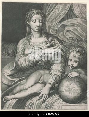 Domenico Tibaldi, Madonna de la Rose, elle atteint pour une rose tenue par l'enfant du Christ, qui repose son bras gauche sur un globe, Domenico Tibaldi (Italien, 1541–1583 (actif Bologne)), Après Parianmigino (Girolamo Francesco Maria Mazzola) (Italien, Parme 1503–1540 Casalmaggiore), 1560–1/2 en feuilles : (42,3 × 34,3 cm), tirages Banque D'Images