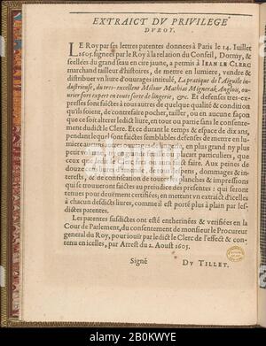 Matthias Mignerak, la pratique de l'aiguille, page 4 (verso), Matthias Mignerak, titre de Pierre Firens (français, né à Paris 1641), Dédié à Marie de Medici (Florence 1575–1642 Colgne), 1605, Woodcut, Total : 9 1/4 x 7 1/16 in. (23,5 x 18 cm Banque D'Images