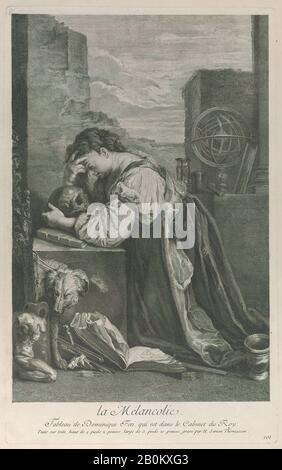 Henri Simon Thomassin, Allegory on Melancholy, avec une femme s'agenouillant vers la gauche tenant un crâne, Henri Simon Thomassin (français, Paris 1687–1741), Après Domenico Fetti (italien, Rome (?) 1591/92–1623 Venise), 1729–40, gravure et gravure, plaque: 17 × 10 11/16 in. (43,5 × 27,1 cm), feuille : 20 7/8 × 15 3/16 po. (53,1 × 38,6 cm), tirages Banque D'Images