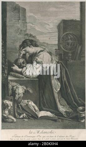 Henri Simon Thomassin, Allegory sur Melancholy, avec une femme s'agenouillant vers la gauche tenant un crâne, Henri Simon Thomassin (français, Paris 1687–1741), Après Domenico Fetti (italien, Rome (?) 1591/92–1623 Venise), 1729–40, gravure et gravure, Feuille (16 9/16 × 10 1/8 po. (42 × 25,7 cm), tirages Banque D'Images