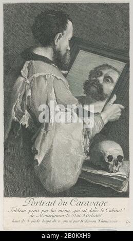 Henri Simon Thomassin, Portrait de Caravaggio, tourné à droite et regardant sa réflexion dans un miroir, Henri Simon Thomassin (français, Paris 1687–1741), Après Caravage (Michel-Ange Merisi) (italien, Milan ou Caravage 1571–1610 Porto Ercole), 1707–41, Etching, feuille (Taillée) : 8 3/4 × 4 7/8 in. (22,2 × 12,4 cm), tirages Banque D'Images