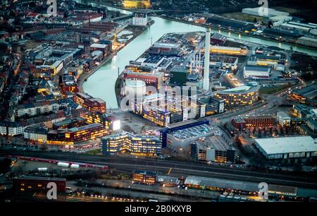Photo aérienne, port de Münster avec chemin de port, Mittelhafen, canal Dortmund-Ems, Albersloher Weg, vue de nuit, Münster, Münsterland, Rhénanie-du-Nord- Banque D'Images