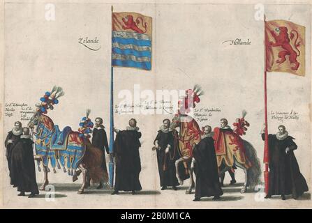 Cornelis Galle I, plaque 37: Hommes avec drapeaux héraldiques et chevaux de Zélande et de Hollande marchant dans le cortège funéraire d'Archduke Albert d'Autriche; de 'Pompa Funebris, Alberti Pii', Cornelis Galle I (Netherlandish, Antwerp 1576–1650 Anvers), Après Jacques Francquart (Français, Bruxelles 1577–1651 Bruxelles), 1623 feuilles de coloriage à la main, 1623: 11 3/16 × 15 5/16 po. (28,4 × 38,9 cm), plaque : 9 7/8 × 14 15/16 po. (25,1 × 37,9 cm Banque D'Images