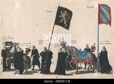 Cornelis Galle I, plaque 45: Hommes avec des drapeaux héraldiques et des chevaux de la Maison du Brabant et de la Bourgogne marchant dans la procession funéraire de l'Archiduc Albert d'Autriche; De 'Pompa Funebris, Alberti Pii', Cornelis Galle I (Netherlandish, Anvers 1576–1650 Anvers), Après Jacques Francquart (français, Bruxelles 1577–1651 Bruxelles), 1623, Etching avec coloration à la main, feuille: 11 1/4 × 15 3/8 po. (28,5 × 39 cm), plaque : 9 13/16 × 14 3/4 po. (25 × 37,4 cm Banque D'Images