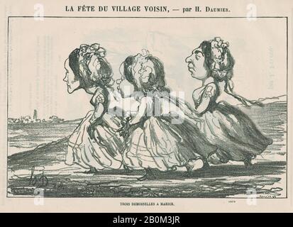 Honoré Daumier, Trois jeunes dames nubables, de 'UNE célébration dans le village voisin', publié dans le petit Journal pour lire, 24 juin 1865, 'UNE célébration dans le village voisin' (la fête du village voisin), Honoré Daumier (français, Marseille 1808–1879 Valmondois), 24 juin 1865, Lithographe papier journal; Troisième état de trois (Delteil), image : 6 3/16 × 9 9/16 po. (15,7 × 24,3 cm), feuille : 8 1/4 × 11 11/16 po. (21 × 29,7 cm), tirages Banque D'Images