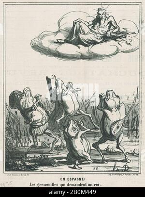 Honoré Daumier, En Espagne: Les grenouilles qui demandent un roi, de 'News of the day', publié dans le Charivari, 3 décembre 1868, 'News of the day' (Actualités), Honoré Daumier (Français, Marseille 1808–1879 Valmondois), 3 décembre 1868, Lithographe sur papier journal; deuxième état de Delteil (2): 10 1/16 × 8 1/8 po. (25,5 × 20,6 cm), feuille : 11 3/4 × 11 5/8 in. (29,9 × 29,6 cm), tirages Banque D'Images