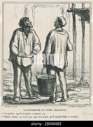 Honoré Daumier, la restauration de l'organe législatif: –espoir qu'il en tiendra ainsi. –Hum, humm ! Peut-être n'était-il pas suffisant de simplement re-plâtrer les murs., de 'News of the day', publié dans le Charivari, 20 octobre 1869, 'News of the day' (Actualités), Honoré Daumier (français, Marseille 1808–1879 Valmondois), 20 octobre 1869, Lithographe sur papier journal; troisième état de trois (1/8) × 8. (23,8 × 20,4 cm), feuille : 12 1/16 × 10 7/8 po. (30,6 × 27,6 cm), tirages Banque D'Images