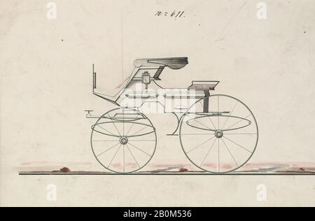 Brewster & Co., conception pour « chariot de brume » Phaeton, no 611, Brewster & Co. (Américain, New York), 1850–74, encre noire et stylo, aquarelle et gouache, feuille : 6 1/4 x 8 7/8 po. (15,9 x 22,5 cm), mises en plan Banque D'Images