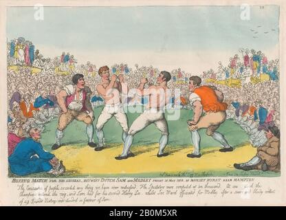 Thomas Rowlandson, Boxing Match For 200 Guinéas, Betwixt Dutch Sam Et Medley Combattent Le 31 Mai 1810, Sur Moulsey Hurst Près De Hampton, Thomas Rowlandson (British, Londres 1757–1827 Londres), Samuel Elias (Néerlandais, 1775–1816), Ben Medley (Anglais, 1810 Actif), 5 Juin 1810, Couleur De La Main 13 × 13. (25 × 34,6 cm), tirages Banque D'Images