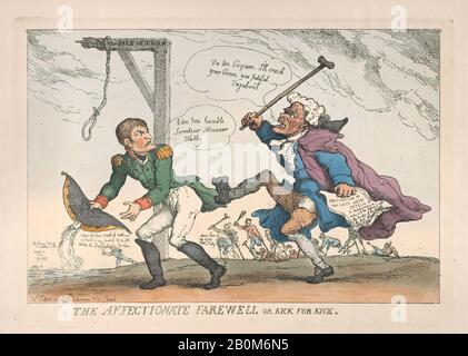 Thomas Rowlandson, L'Affectueux Adieu, Ou Kick For Kick, Thomas Rowlandson (British, Londres 1757–1827 Londres), Napoléon Bonaparte (Français, Ajaccio 1769–1821 Sainte-Hélène), Charles Maurice De Talleyrand Périgord (Français, Paris 1754–1838 Paris), 17 Avril 1814, Gravure De Couleur Manuelle, 5/8 En 13 × 13. (24,5 × 34,6 cm), feuille : 10 1/2 × 14 3/4 po. (26,7 × 37,4 cm), tirages Banque D'Images