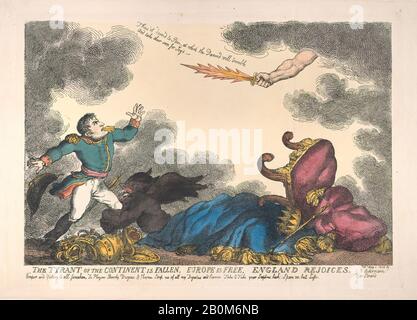 Thomas Rowlandson, Le Tyran Du Continent Est Tombé, L'Europe Est Libre, L'Angleterre Se Réjouit, Thomas Rowlandson (British, Londres 1757–1827 Londres), Napoléon Bonaparte (Français, Ajaccio 1769–1821 Sainte-Hélène), 1er Mai 1814, Gravure De Couleur Main, Plaque: 9 3/4 × 13 11/16 In. (24,8 × 34,8 cm), feuille : 10 5/8 × 15 1/16 po. (27 × 38,2 cm), tirages Banque D'Images
