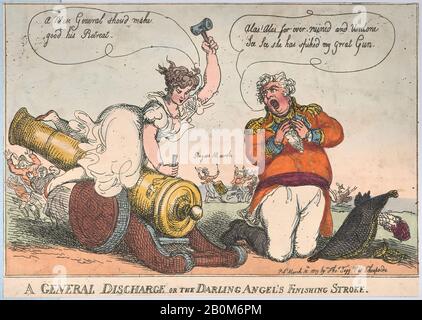 Thomas Rowlandson, Une Décharge Générale Ou Le Darling Angel'S Finising Stroke, Thomas Rowlandson (British, London 1757–1827 London), Mary Anne Clarke (British, London 1776?–1852 Boulogne), Prince Frederick Augustus, Duke Of York Et Albany (British, London 1763–1827 London), 13 Mars 1809, Gravure De Couleur Manuelle, 13/16 × 7/16. (22,4 × 31,6 cm), tirages Banque D'Images