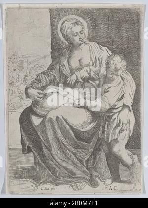 Annibale Carracci, la Vierge assise tenant un oreiller sur ses genoux avec le jeune Christ debout à droite, Annibale Carracci (italien, Bologne 1560–1609 Rome), Francesco Brizio (italien, Bologne CA. 1574–1623 Bologne), Guido Reni (Italien, Bologne 1575–1642 Bologne), 1580–1600, Gravure, Plaque : 6 5/16 × 4 9/16 Po. (16,1 × 11,6 cm), feuille : 6 1/2 × 4 11/16 po. (16,5 × 11,9 cm), tirages Banque D'Images