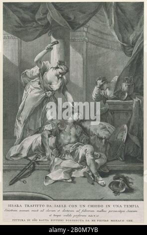 Pietro Monaco, Jael martelant une tente dans le temple de la Sisera endormie, à droite un serviteur se cache derrière un rideau; De la série de 112 reproductions de l'histoire sacrée, après la peinture de Giovanni Battista Pittoni, Pietro Monaco (Italien, Belluno 1707–1772 Venise), Après Giovanni Battista Pittoni (Italien, Venise 1687–1767 Venise), CA. 1730–39, gravure et gravure, feuille (Taillée) : 16 7/8 × 10 7/8 po. (42,8 × 27,6 cm), tirages Banque D'Images