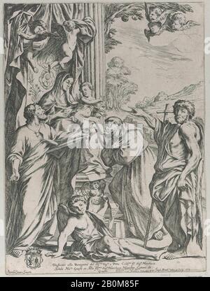 Giuseppe Maria Mitelli, La Vierge Enthroned Avec Trois Saints, Giuseppe Maria Mitelli (Italien, Bologne (?) 1634–1718 Bologne), Après Annibale Carracci (Italien, Bologne 1560–1609 Rome), 1668, Etching, Feuille (Taillée): 16 1/4 × 12 1/16 In. (41,2 × 30,7 cm), tirages Banque D'Images