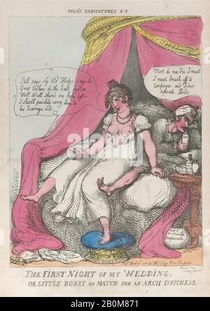 Thomas Rowlandson, La Première Nuit De Mon Mariage, Ou Little Boney Pas De Match Pour Une Arche Dutchesse, 'Tegg'S Caricatures', Thomas Rowlandson (British, Londres 1757–1827 Londres), 25 Avril 1810, Gravure De Couleur Main, Plaque: 13 1/2 × 9 1/2 Po. (34,3 × 24,2 cm), feuille : 14 1/8 × 10 1/4 po. (35,8 × 26 cm), tirages Banque D'Images