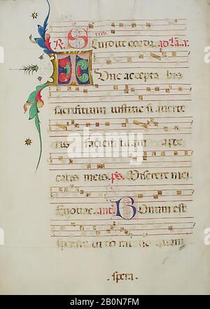 Feuille de manuscrit avec initiale T, d'un Antiphonaire, italien, XVe siècle, italien, Tempera, encre et feuille de métal sur parchemin, 20 1/2 x 15 1/16 po. (52 x 38,3 cm), manuscrits et illuminations Banque D'Images