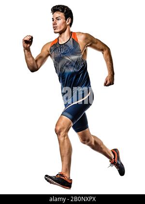 un jeune homme caucasien pratiquant l'athlétisme coureur courir sprinter sprint en studio isolé sur fond blanc Banque D'Images