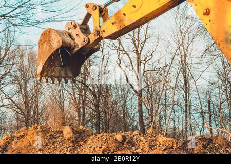 La pelle hydraulique effectue des travaux d'excavation en creusant le sol avec un godet dans la forêt. Banque D'Images