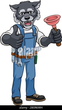 Wolf Plumber Cartoon Mascot Holding Plunger Illustration de Vecteur