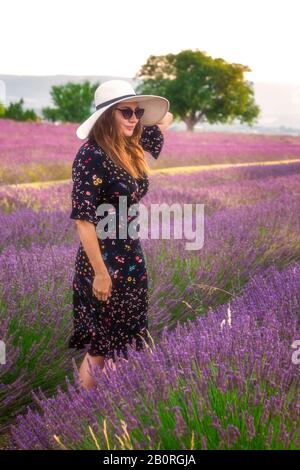 Fille dans une robe avec fleurs et grand chapeau blanc dans les champs de lavande en Provence, Valensole, France. Paysage pittoresque de la nature d'été et agracult Banque D'Images
