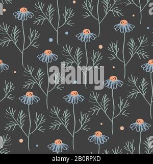 Modèle vectoriel sans couture avec branches camomille isolées en gris. Texture botanique dessinée à la main avec fleurs de prairie. Illustration de Vecteur