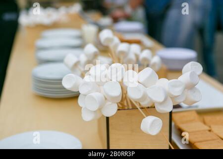 Gros plan de guimauves blanches sur les bâtons de dent avec table et plaques sur le fond Banque D'Images