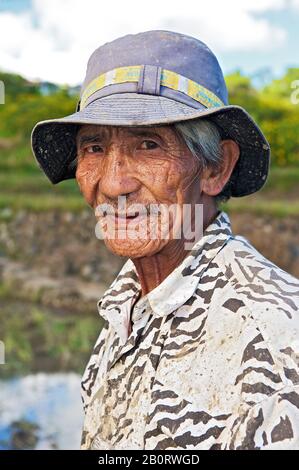 Ambasing près de Sagada, province de montagne, Philippines: L'ancien riziculteurs fier en vêtements sales travaille pieds nus dans les champs Banque D'Images