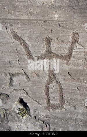 Petroglyph, rock sculpture, d'un guerrier schéma tenant un bouclier et une épée. Sculpté par les anciens Camuni personnes dans l'âge du fer entre entre 1000 et 1600 B Banque D'Images