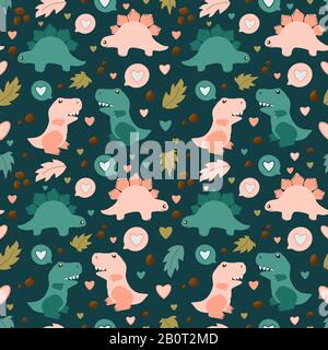 Motif vert sans coutures avec les amoureux des dinosaures. Animaux mignons. Parfait pour les enfants en tissu, textile, papier peint pour pépinière, papier d'emballage, imprimé. Illustration de Vecteur