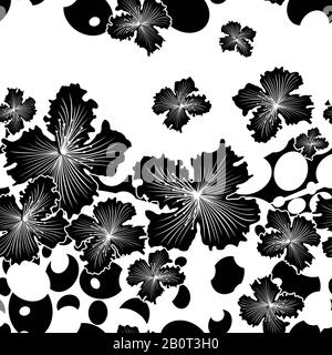 Fleurs noires monochromes avec pois polka. Motif fleuri sans couture. - illustration Banque D'Images